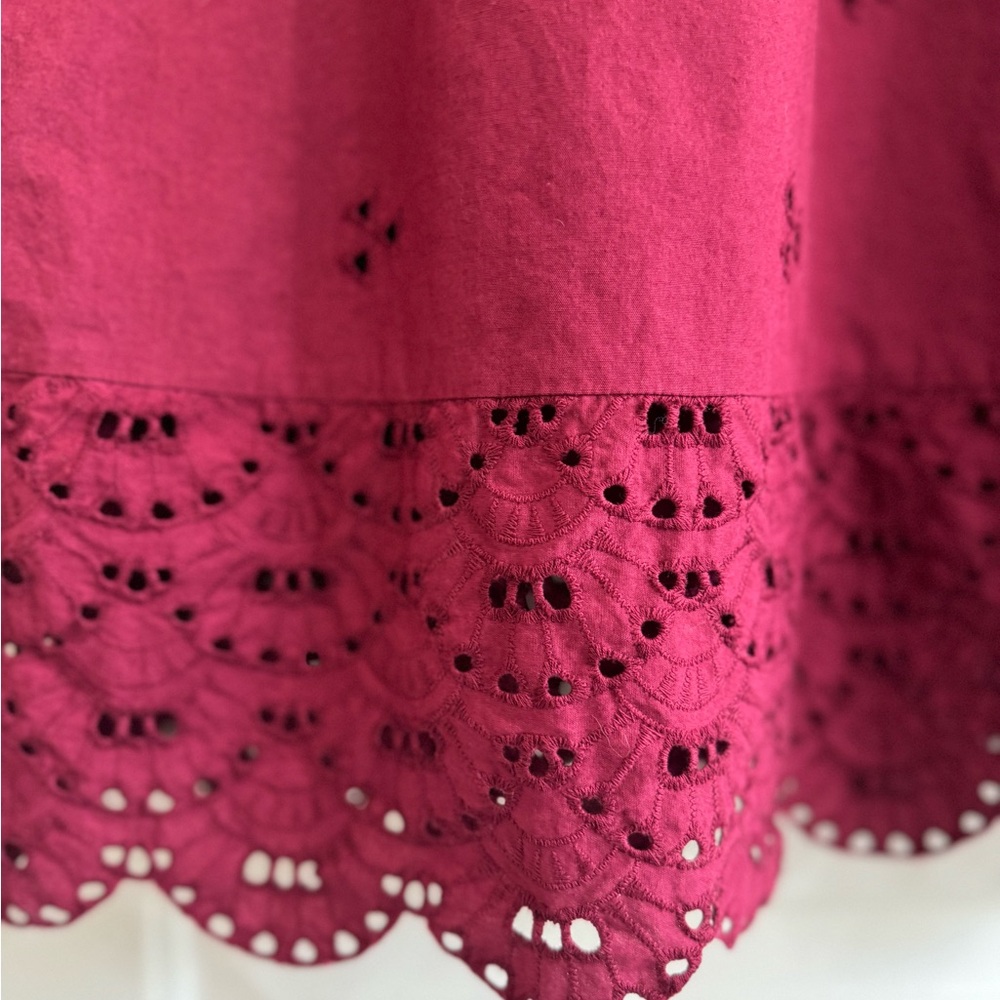 Wine Red Eyelet Mini Dress L Boho Scalloped Hem Embroidered Summer - Picture 5 of 7